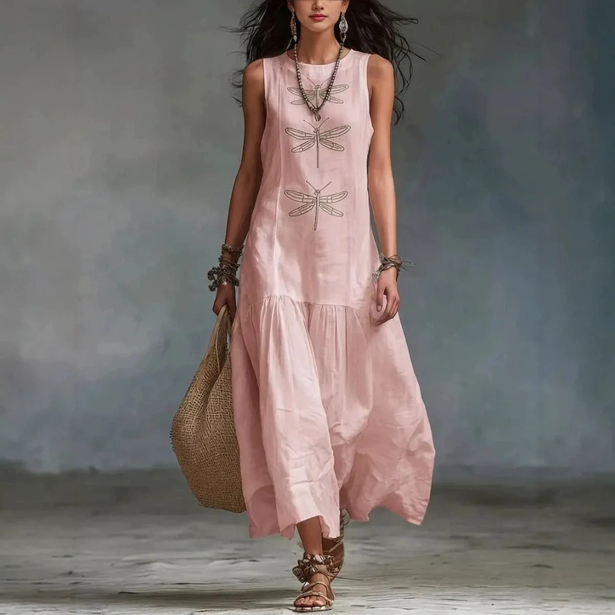 Daniela Midi Bohemian Dress with Dragonfly Print