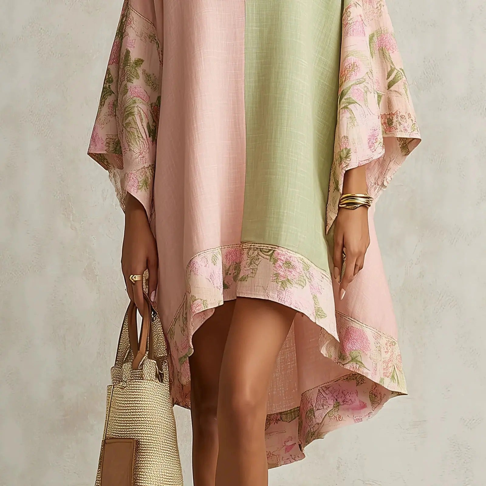 Jimena Bohemian Floral Dress with Batwing Sleeves and V-Neck