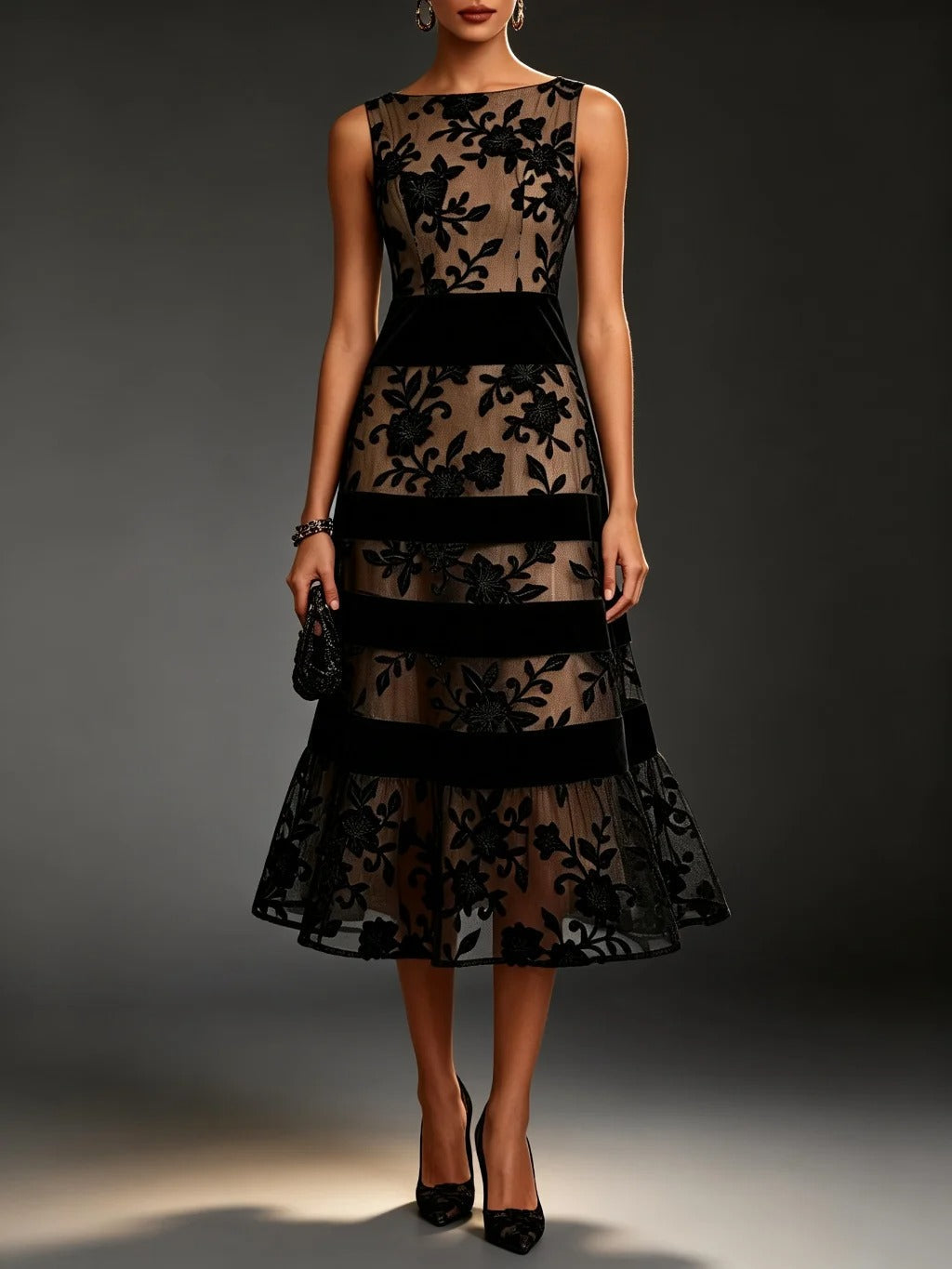Odette Floral Embroidered Tulle Midi Dress