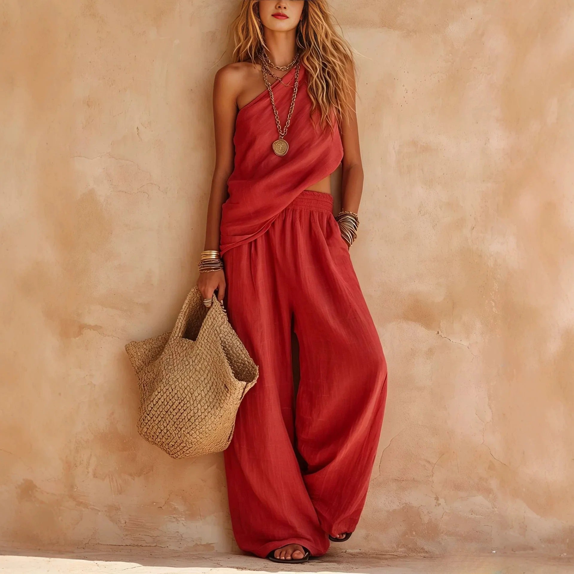 Carlota Two-Piece Linen Effect Set with Wide Pants