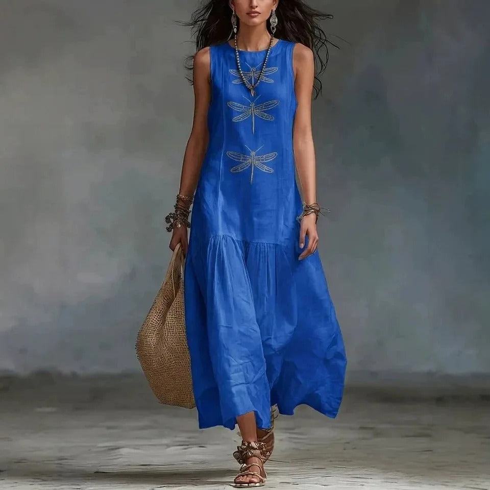 Daniela Midi Bohemian Dress with Dragonfly Print