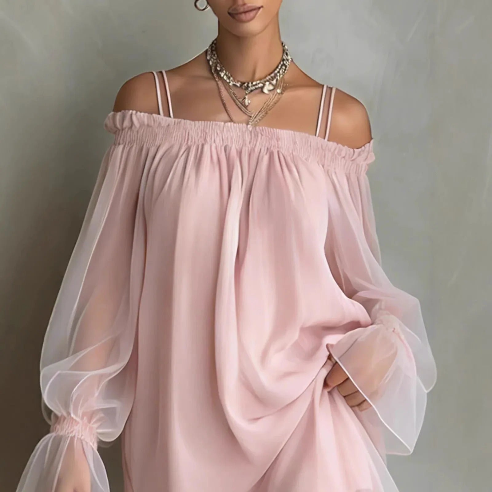 Elisa Mini Tulle Dress with Off-the-Shoulder and Long Sleeves