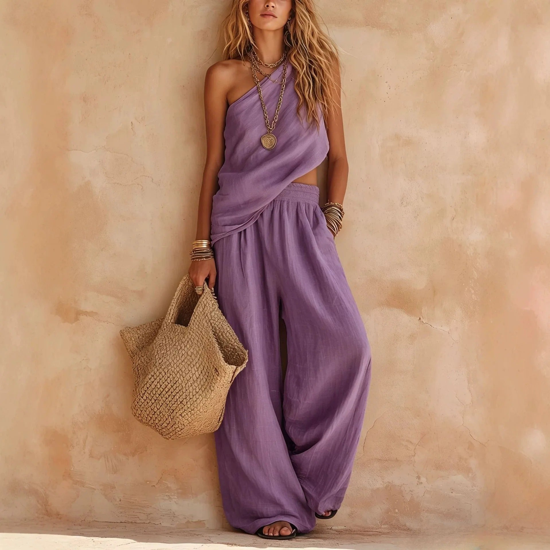 Carlota Two-Piece Linen Effect Set with Wide Pants