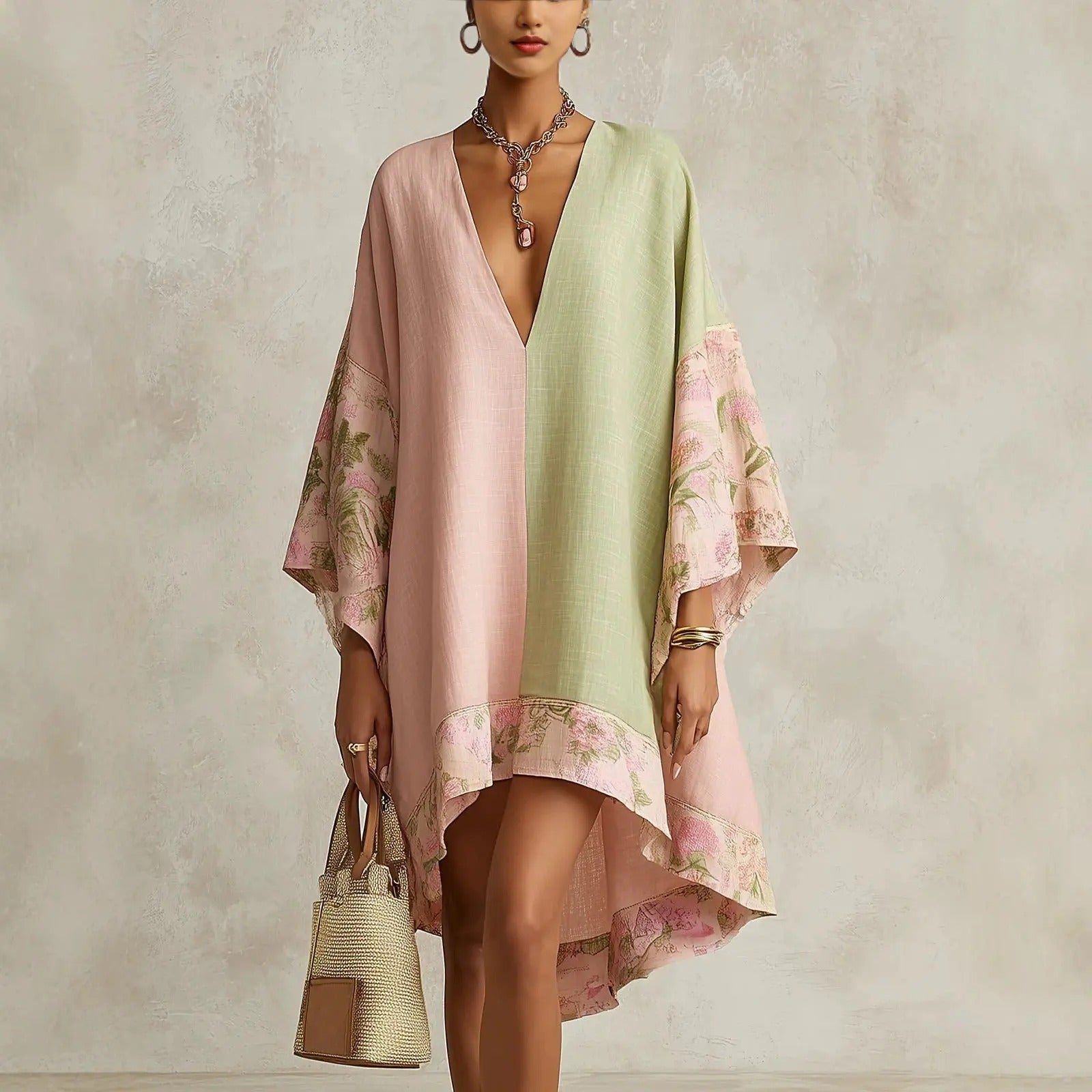 Jimena Bohemian Floral Dress with Batwing Sleeves and V-Neck