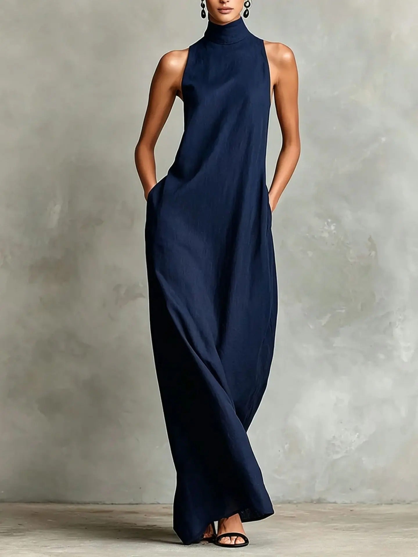 Marina Loose-Fitting Long Dress with High Neck