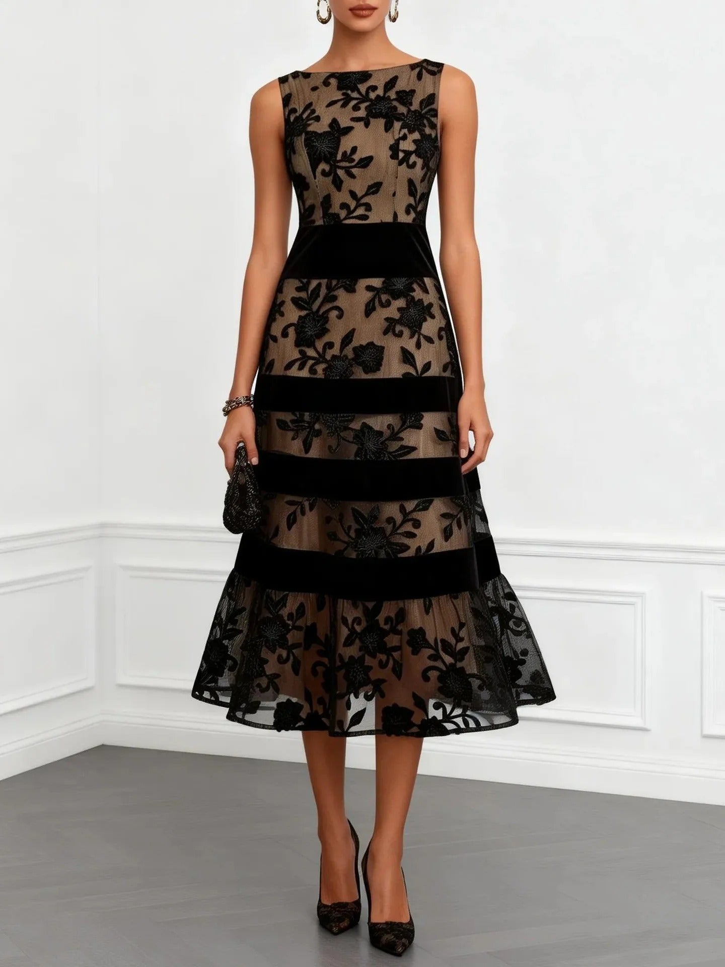Odette Floral Embroidered Tulle Midi Dress