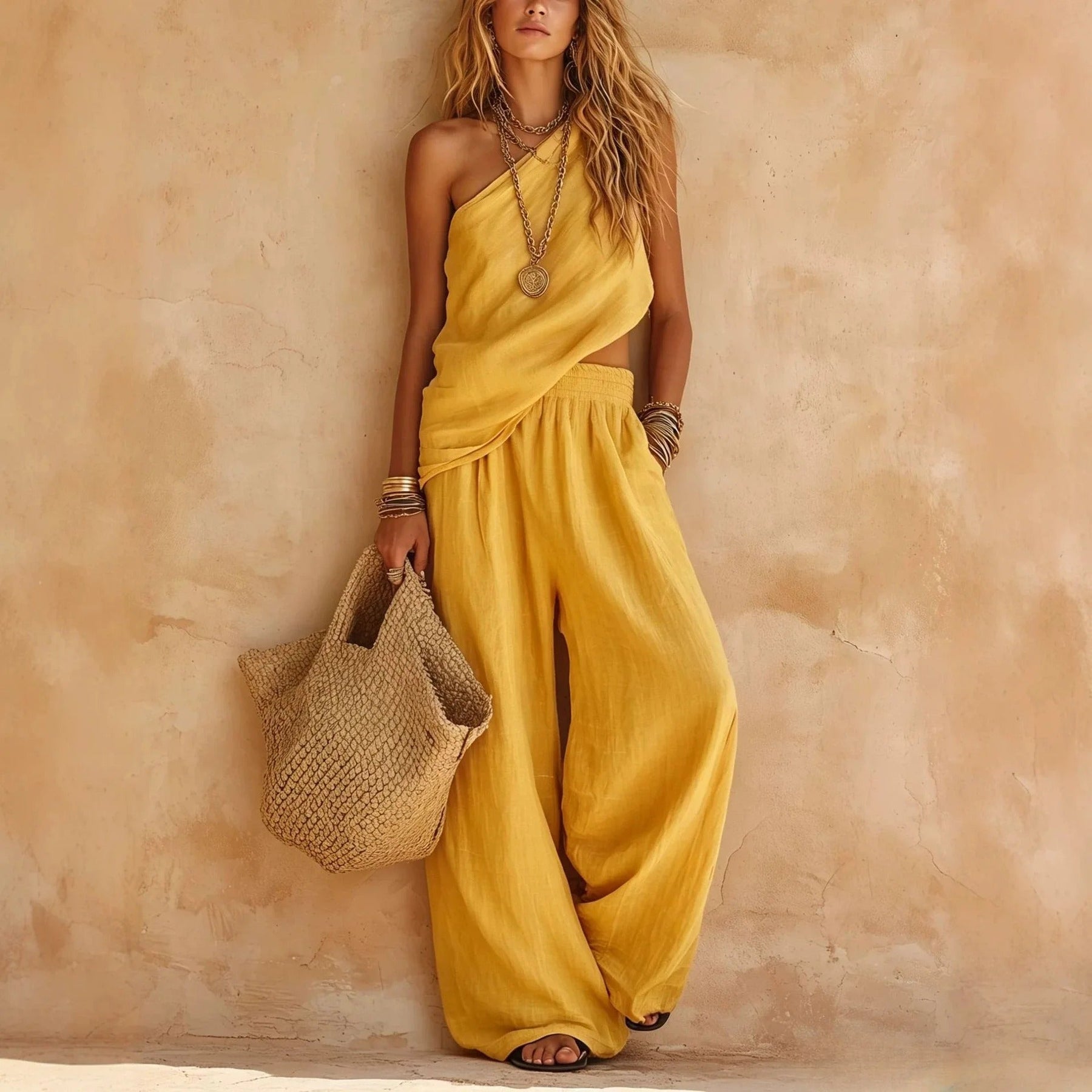 Carlota Two-Piece Linen Effect Set with Wide Pants