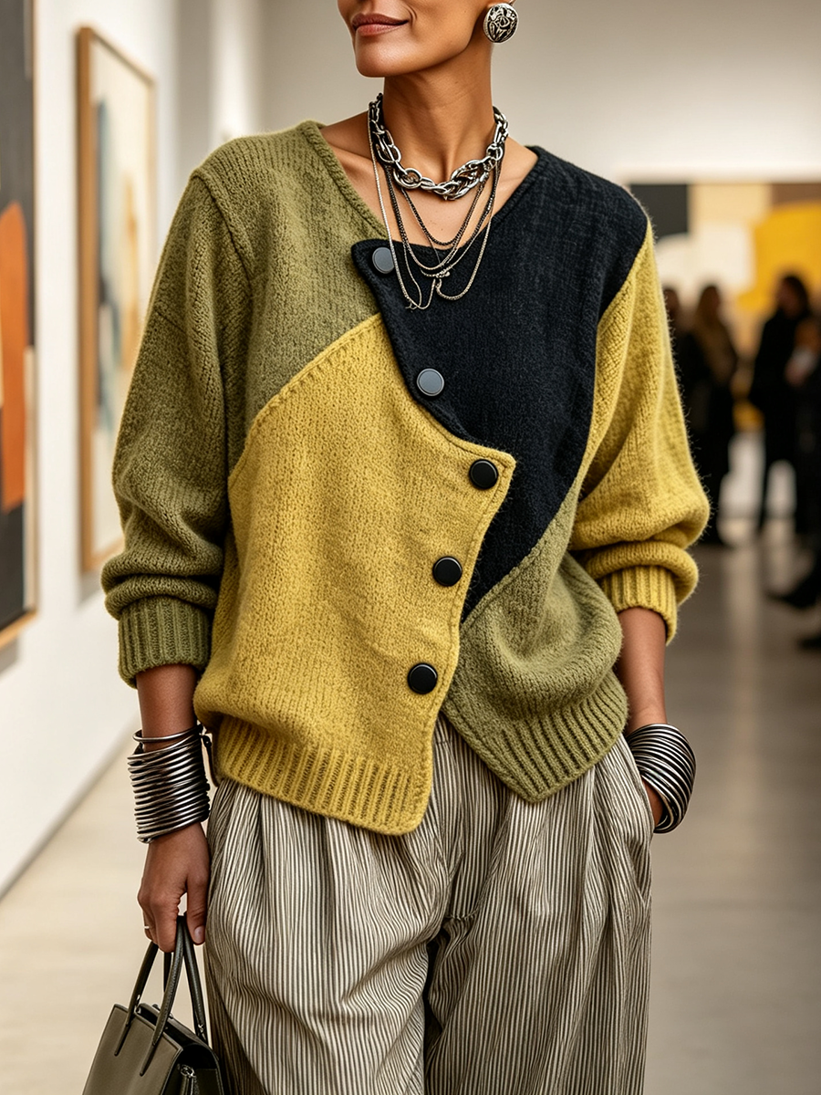 Frida | Artistic Cozy Asymmetric Color-block Knit Sweater