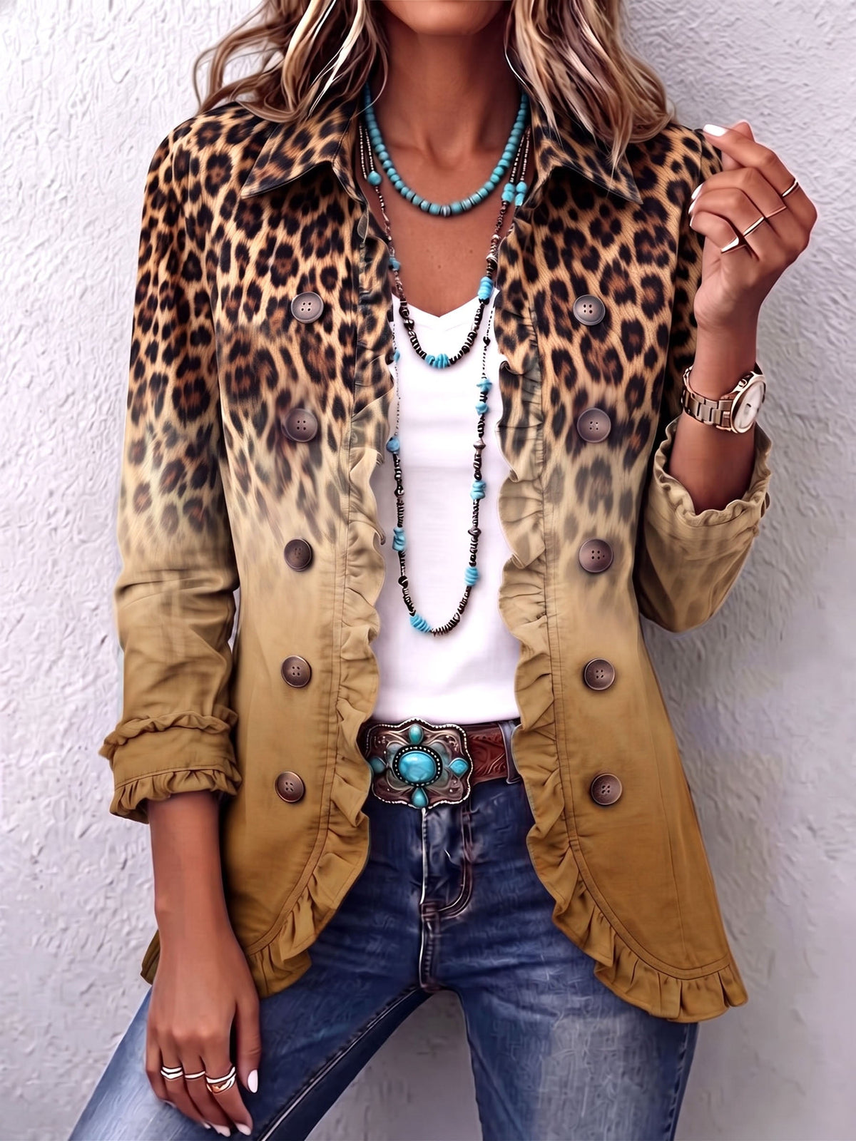 Brianna – Gradient Leopard Print Frill Blazer