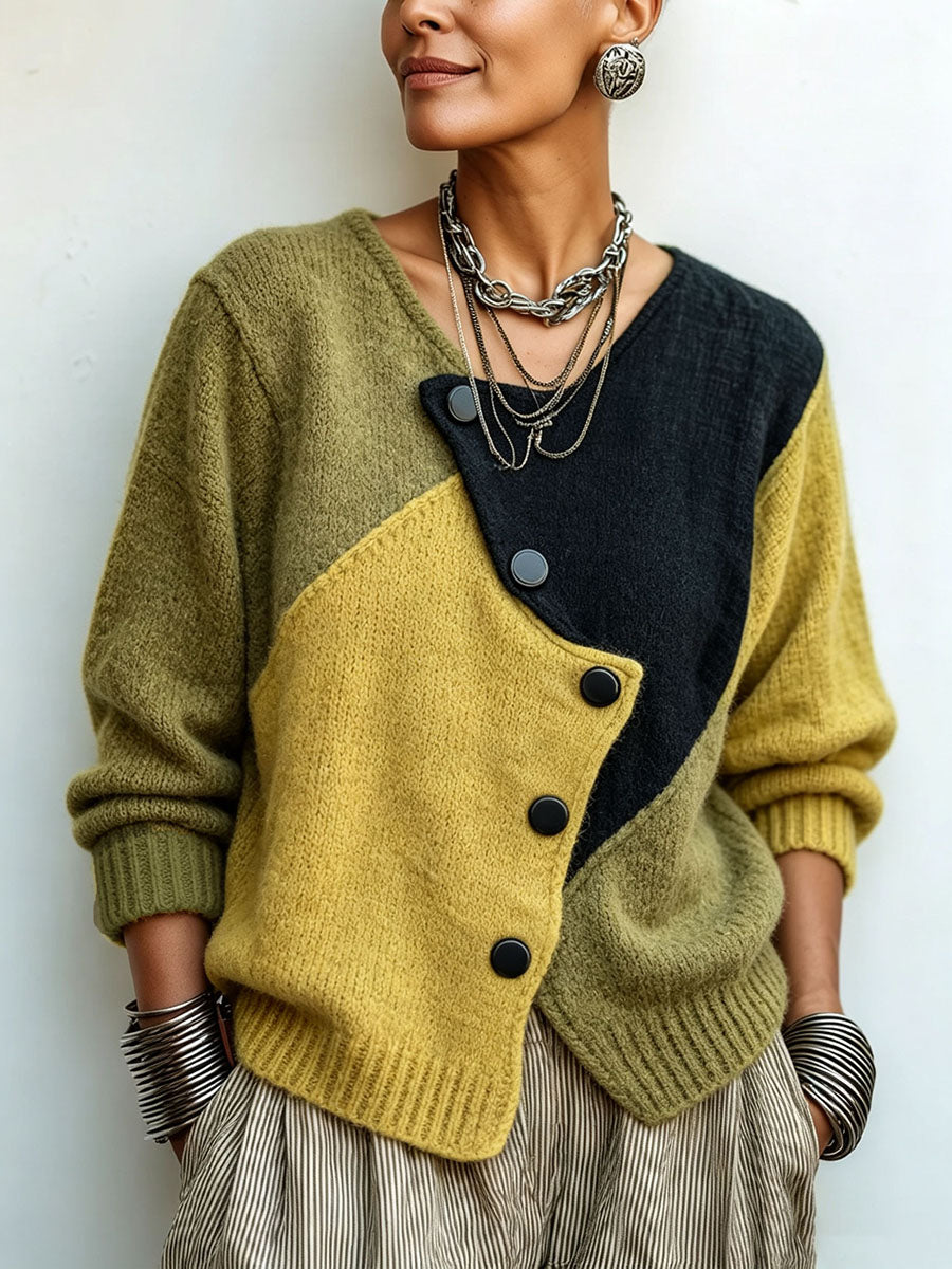 Frida | Artistic Cozy Asymmetric Color-block Knit Sweater