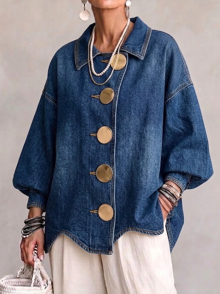 Grace | Collared Oversized Denim Jacket With Large Metal Buttons