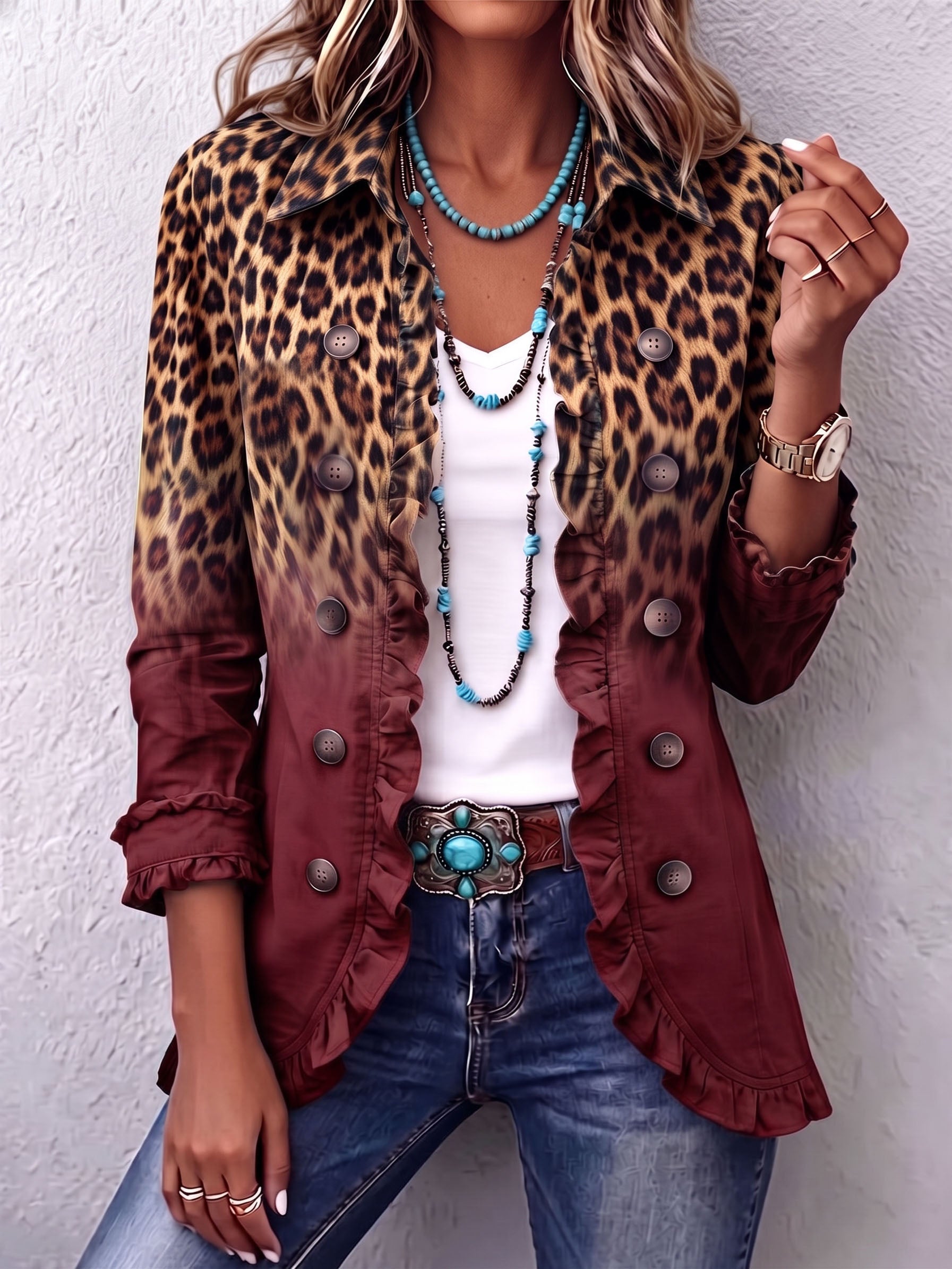 Tina – Wine Leopard Print Frill Blazer