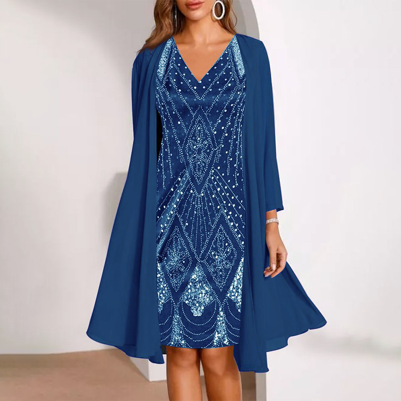 Kamla | Sparkling V-Neck Dress with Sheer Cape