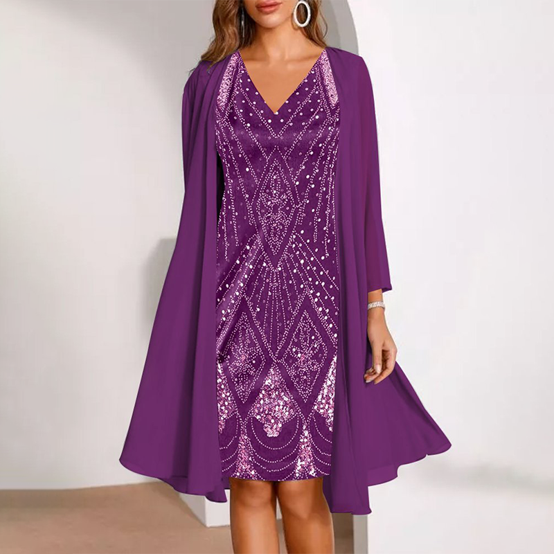 Kamla | Sparkling V-Neck Dress with Sheer Cape