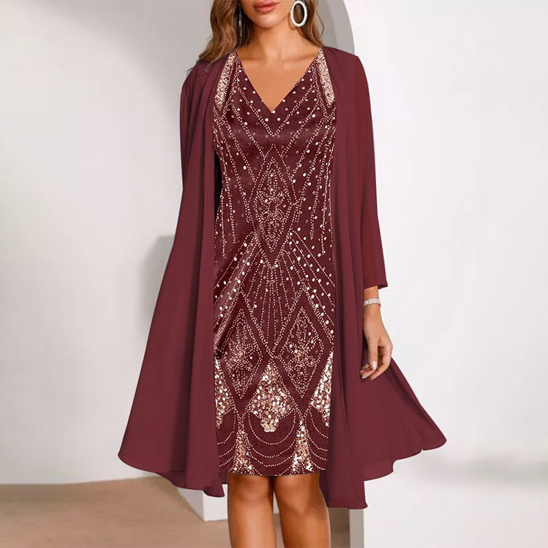 Kamla | Sparkling V-Neck Dress with Sheer Cape