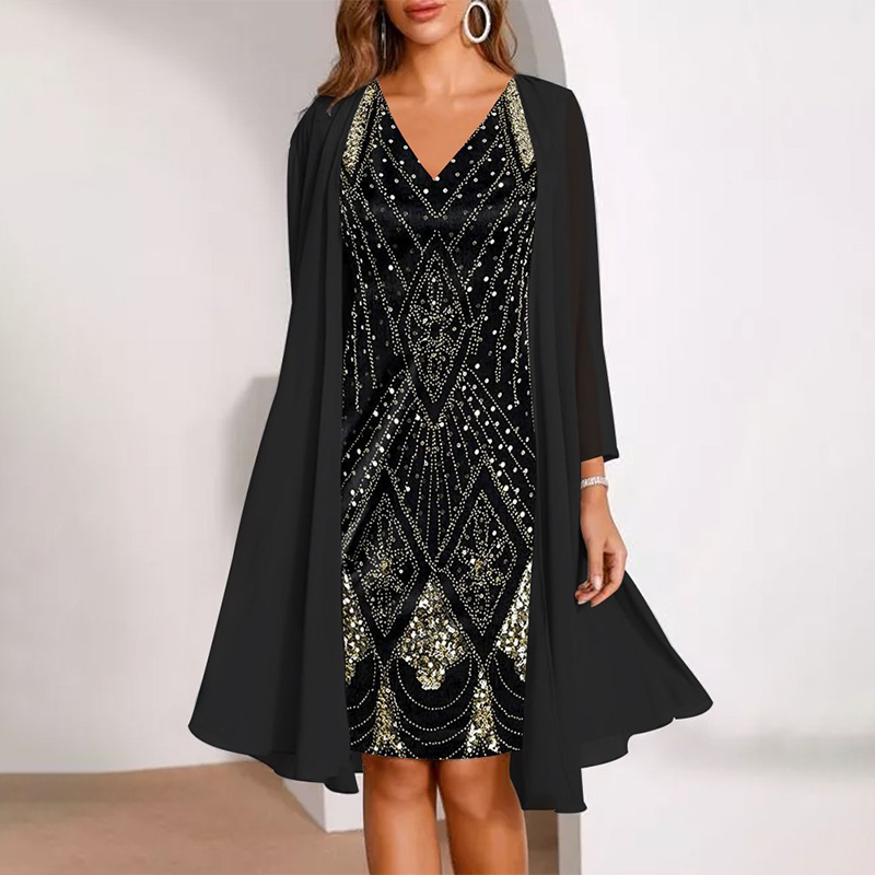 Kamla | Sparkling V-Neck Dress with Sheer Cape