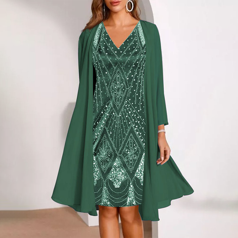 Kamla | Sparkling V-Neck Dress with Sheer Cape