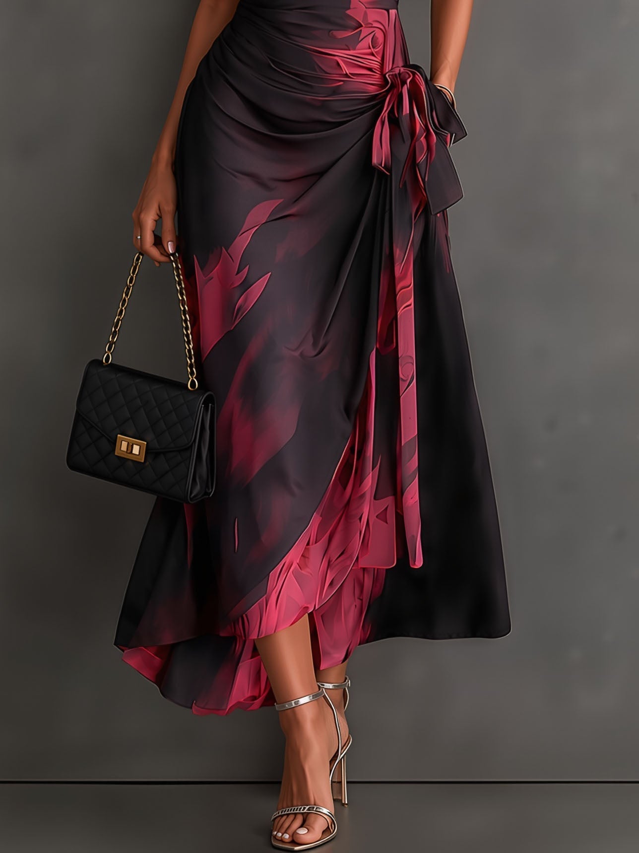 Abstract Wrap Ruffle Midi Dress