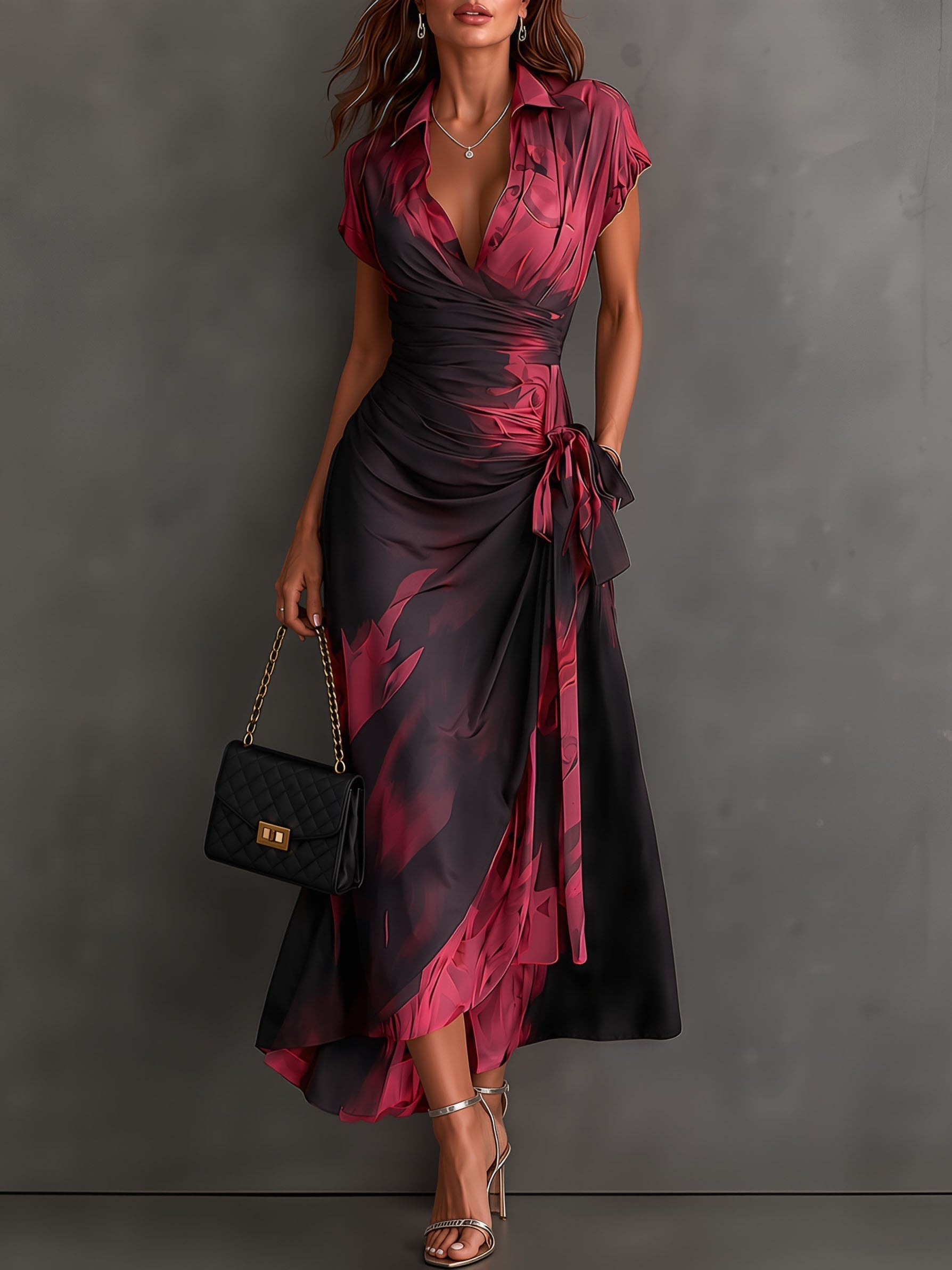 Abstract Wrap Ruffle Midi Dress