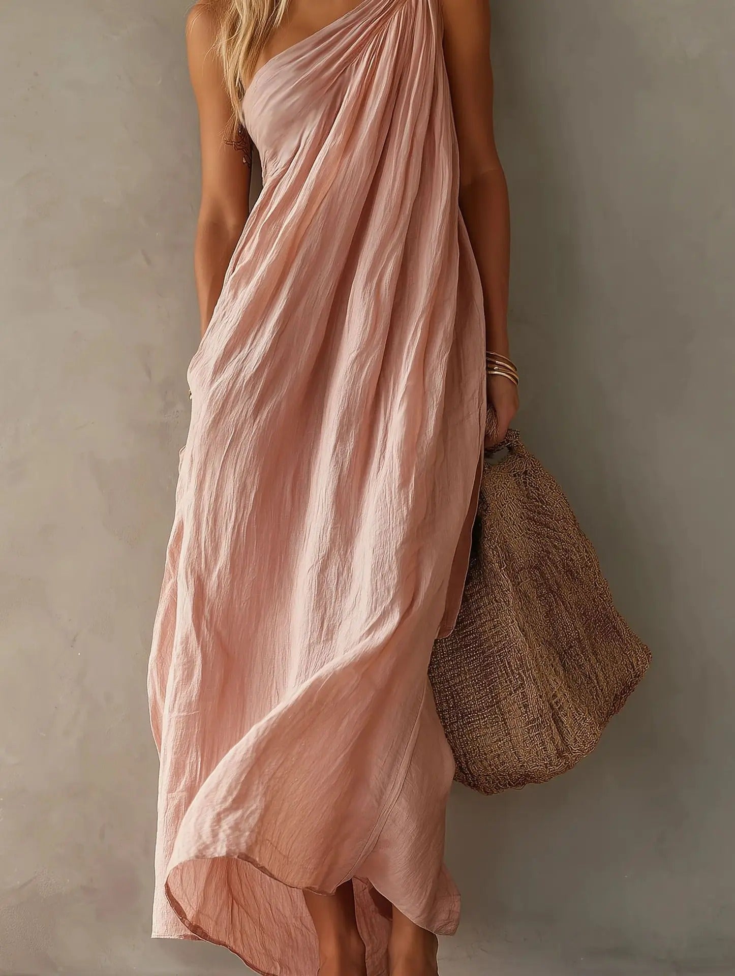 Adriana Asymmetrical Maxi Dress with Linen Effect