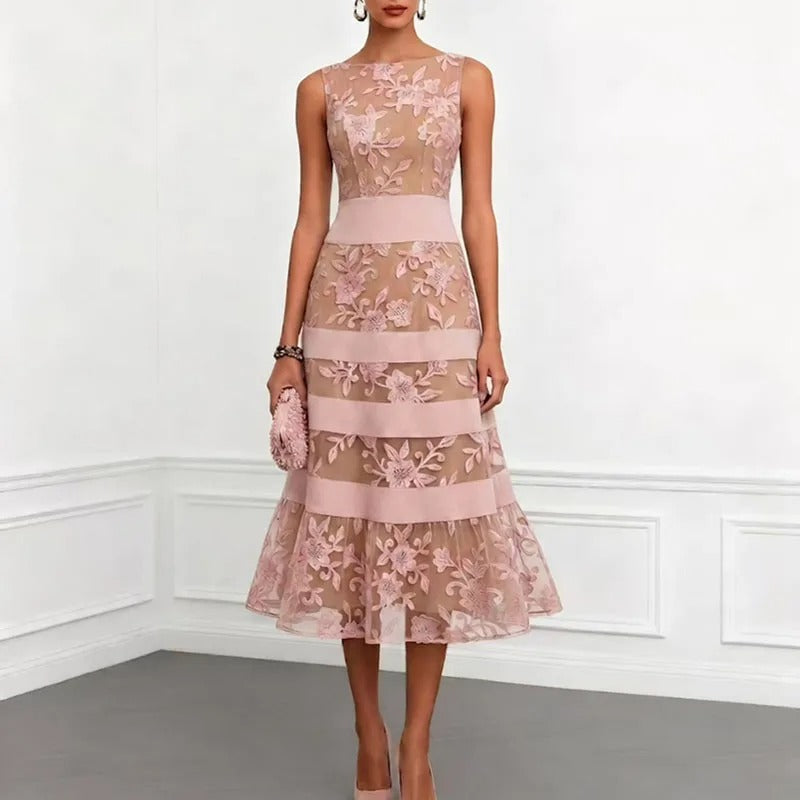 Odette Floral Embroidered Tulle Midi Dress