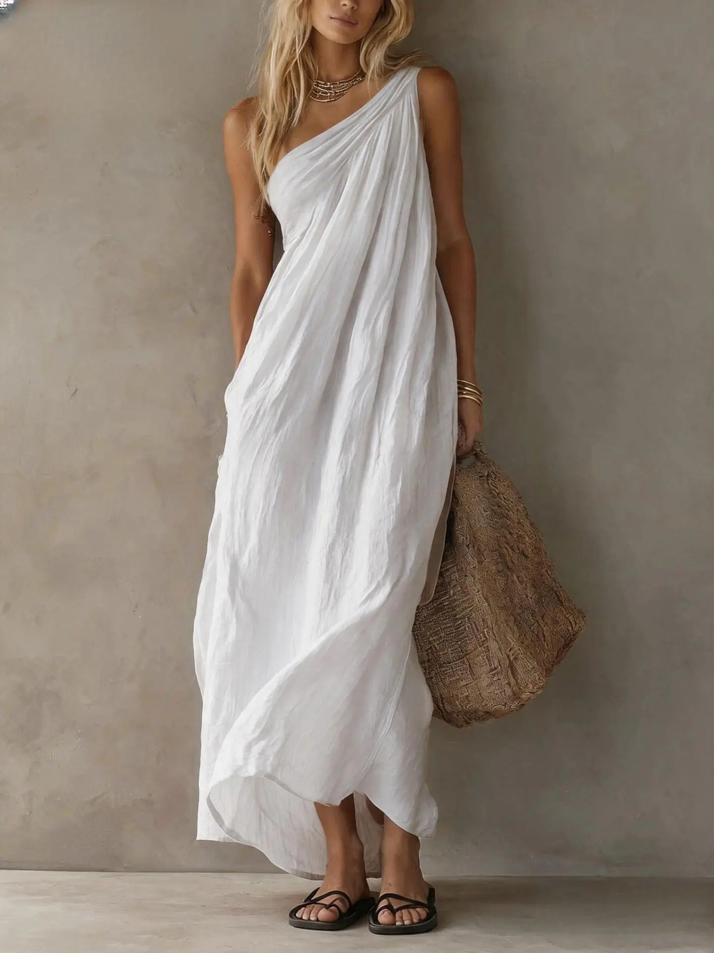 Adriana Asymmetrical Maxi Dress with Linen Effect