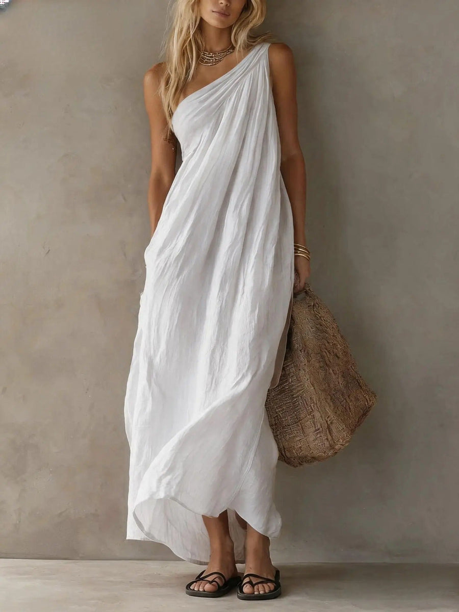 Adriana Asymmetrical Maxi Dress with Linen Effect