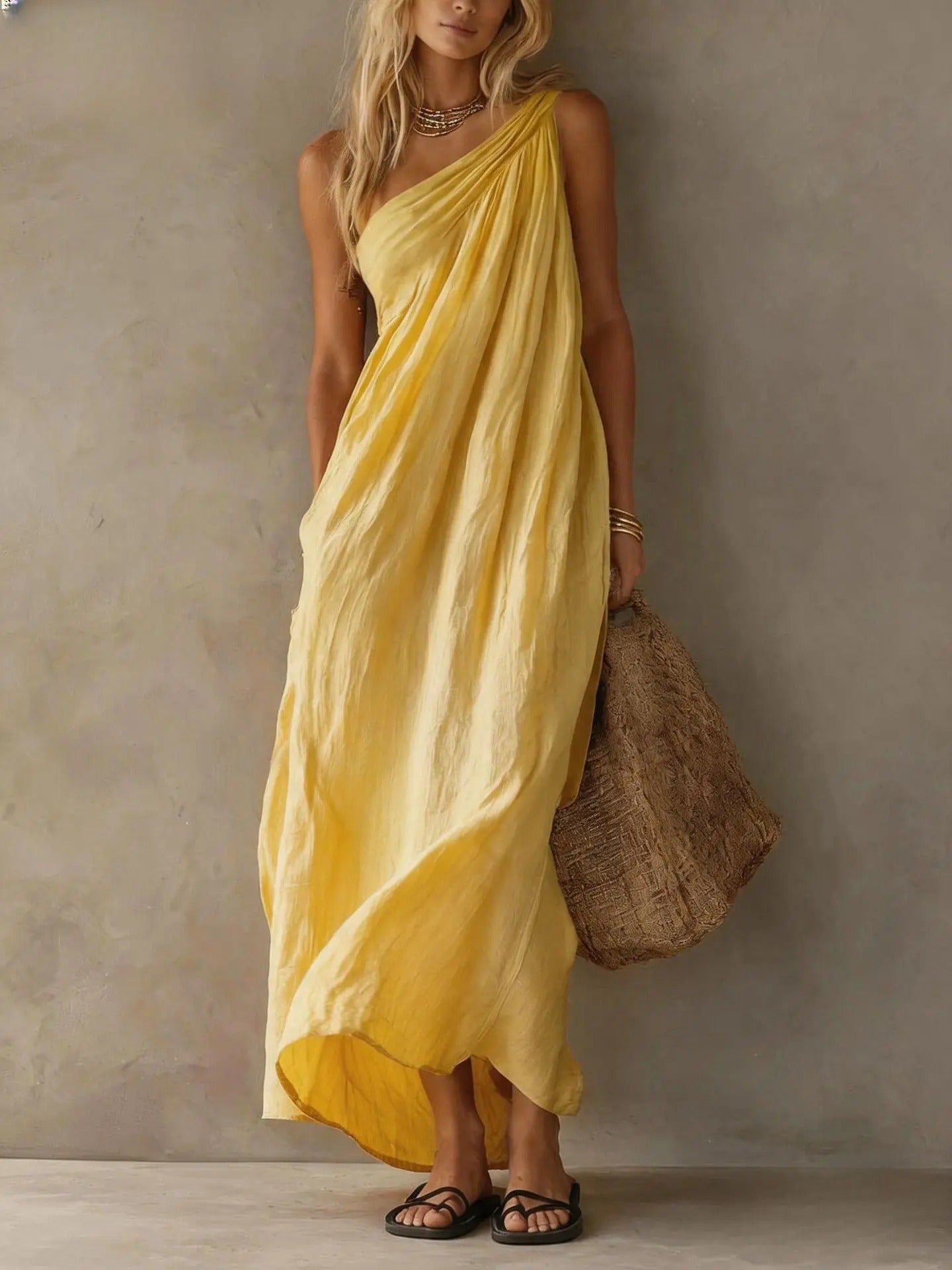 Adriana Asymmetrical Maxi Dress with Linen Effect